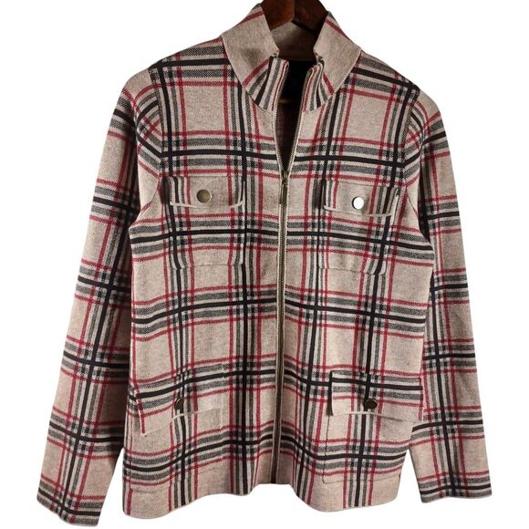 Rachel Zoe NWT Plaid Moto Jacket Sz M Zip Front Snap Pockets Red Beige Check - Picture 2 of 10